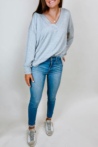 Grey V Neck Long Sleeve Tee